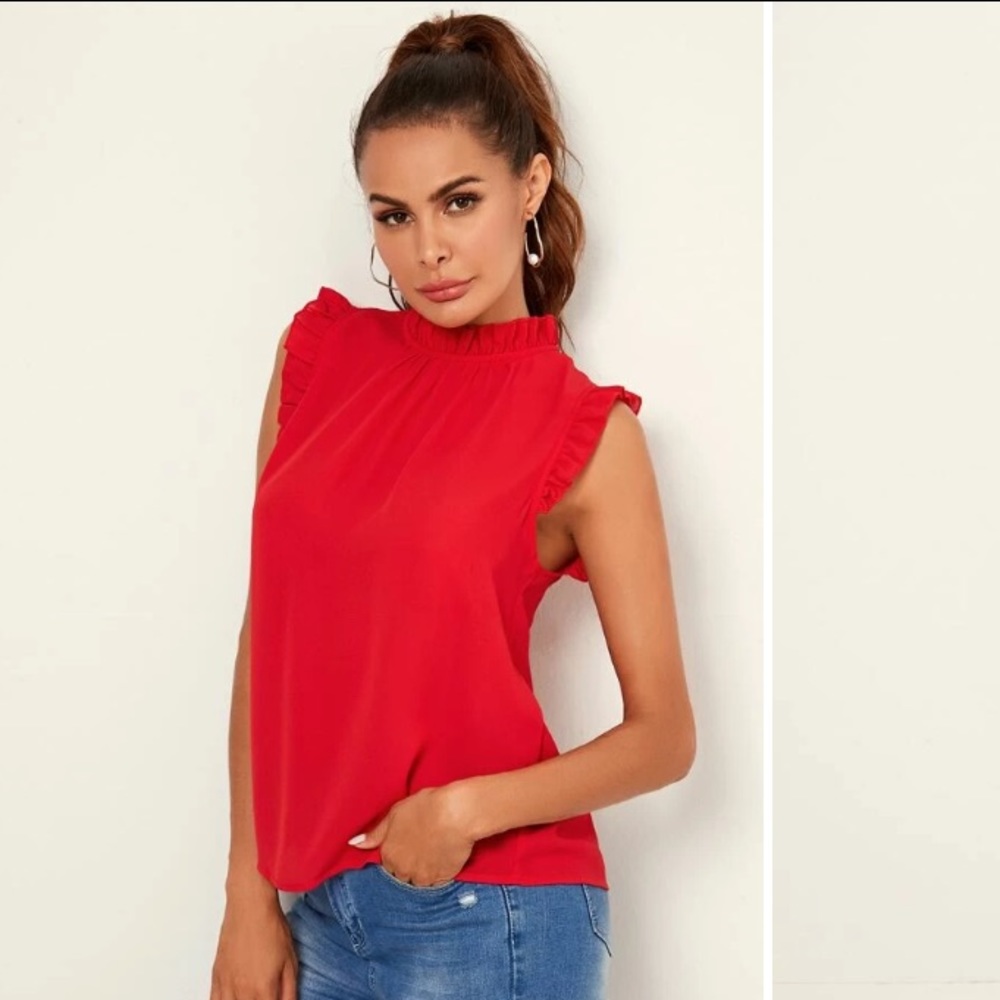 New Ruffle Trim Red Blouse - Picture 7 of 7